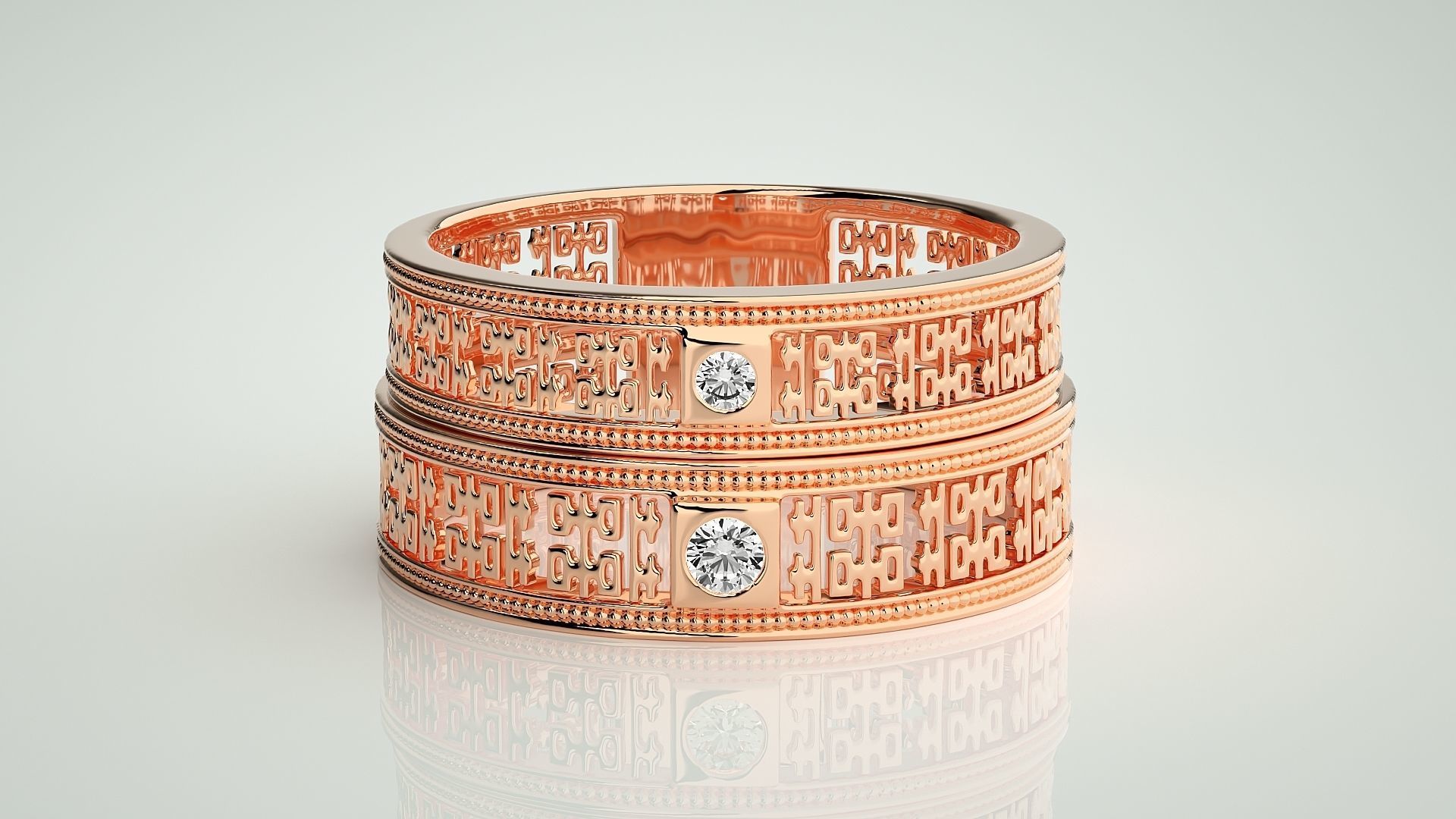 Solitaire Mesh Couple Band Ring 3dm stl render detail 3D print model_2