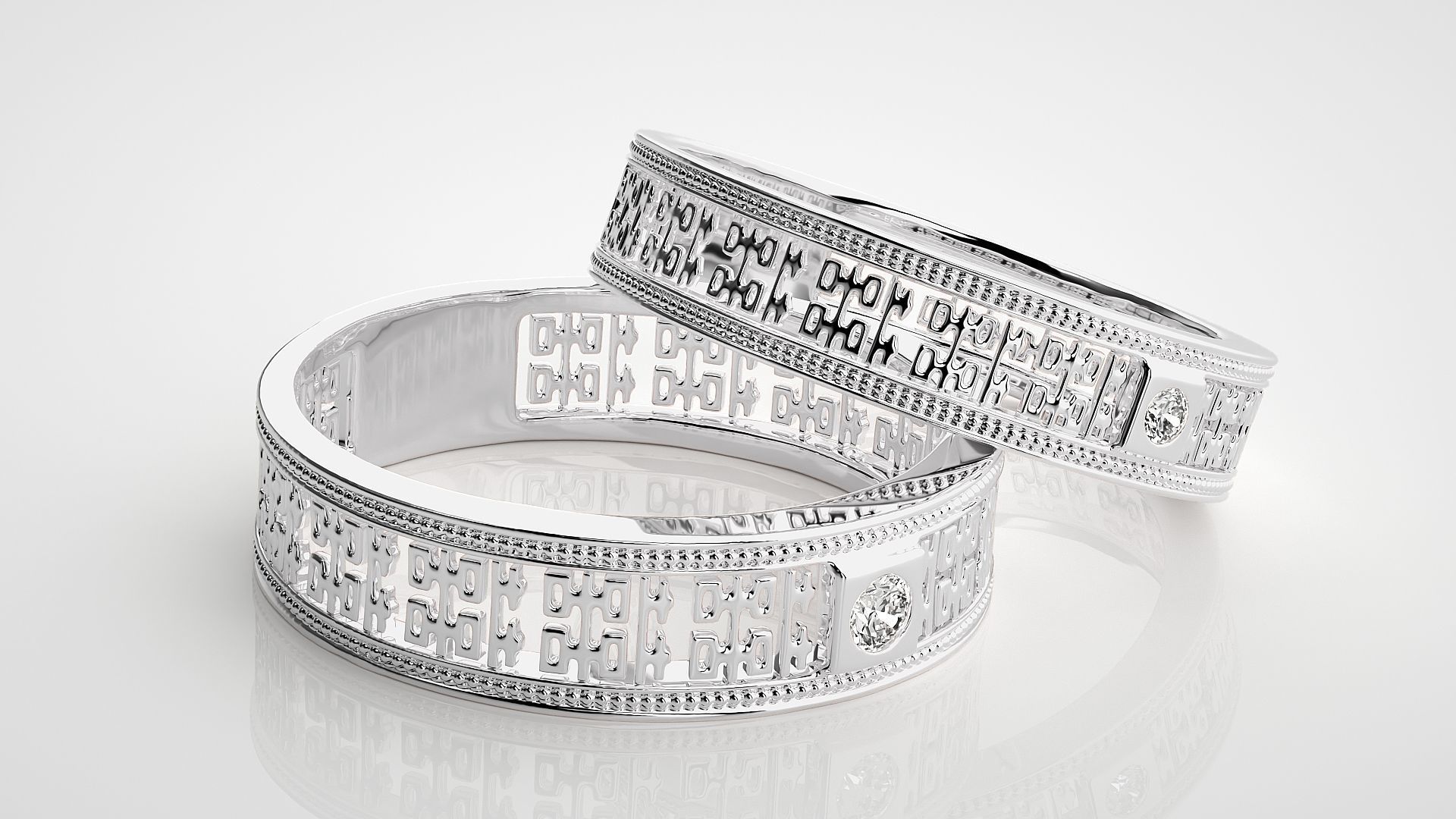 Solitaire Mesh Couple Band Ring 3dm stl render detail 3D print model_6