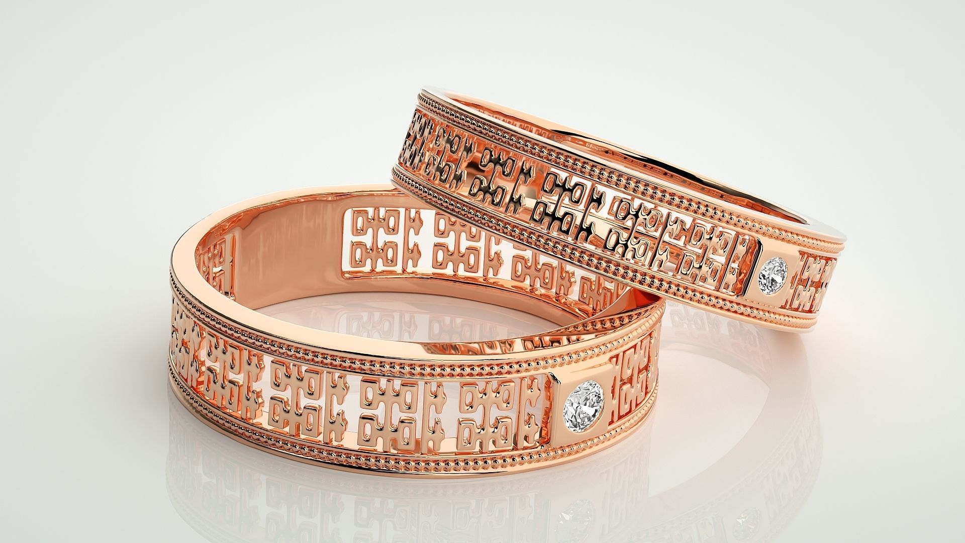 Solitaire Mesh Couple Band Ring 3dm stl render detail 3D print model_1