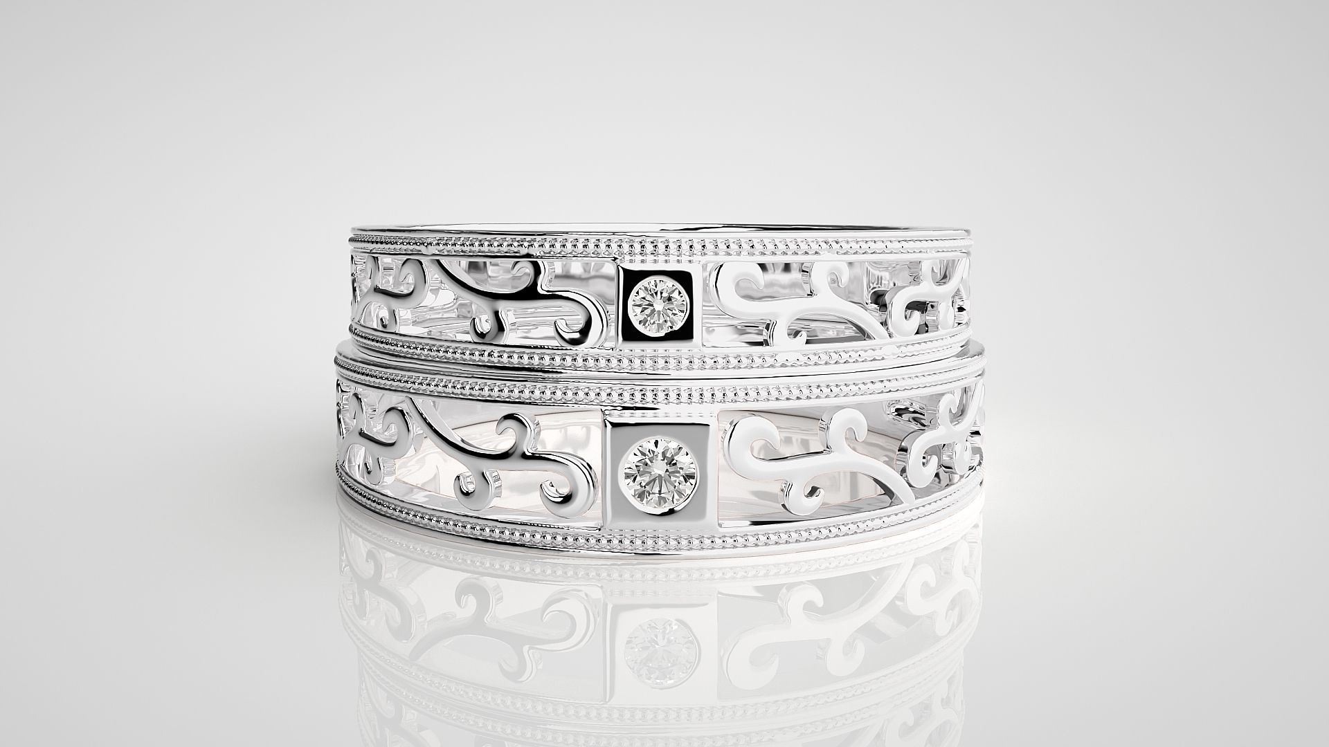 Solitaire wave Couple Band Ring 3dm stl render detail 3D print model_7