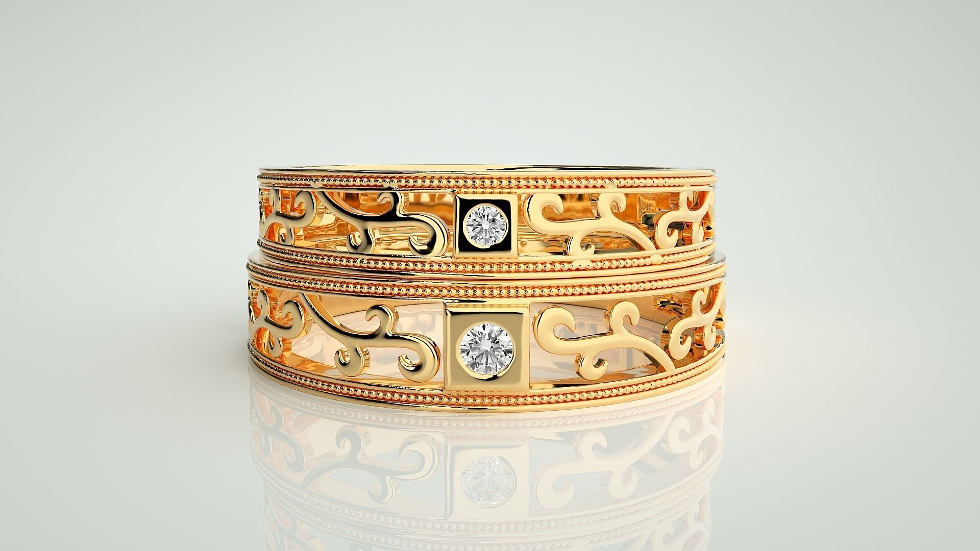 Solitaire wave Couple Band Ring 3dm stl render detail 3D print model_11