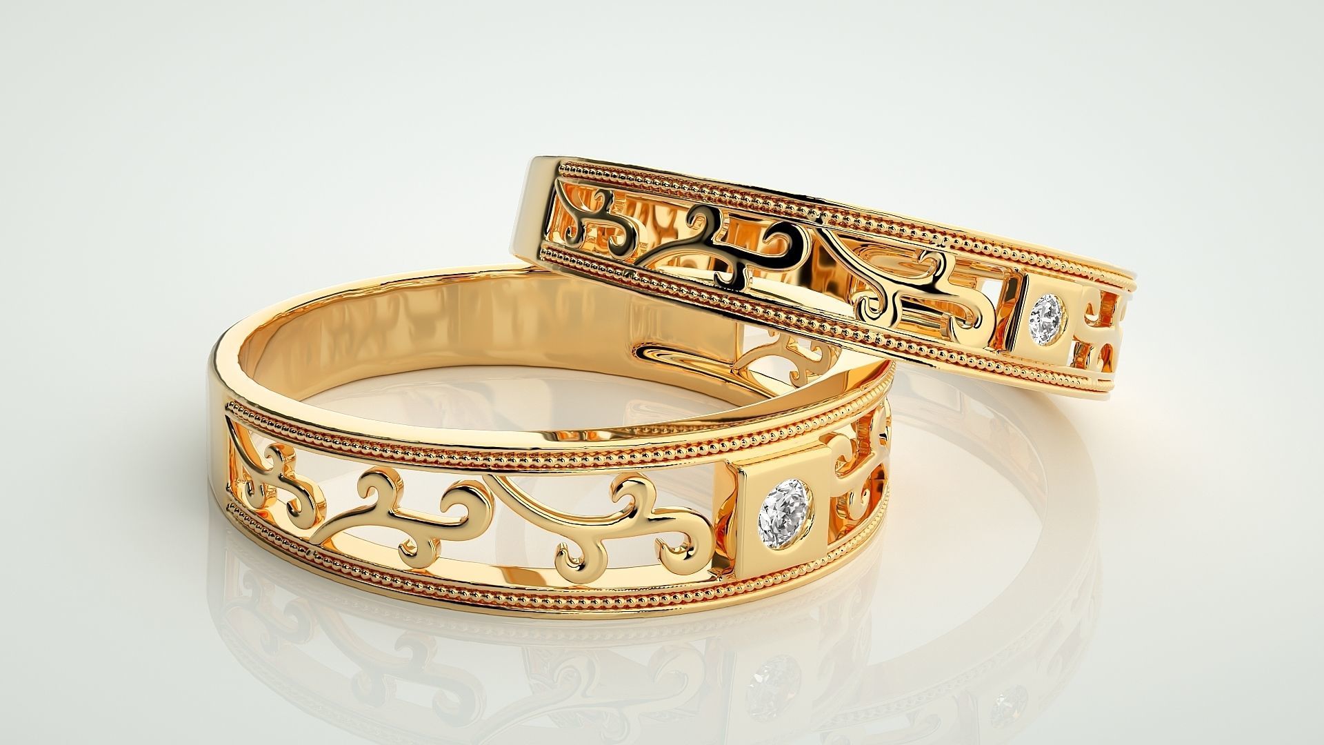 Solitaire wave Couple Band Ring 3dm stl render detail 3D print model_10