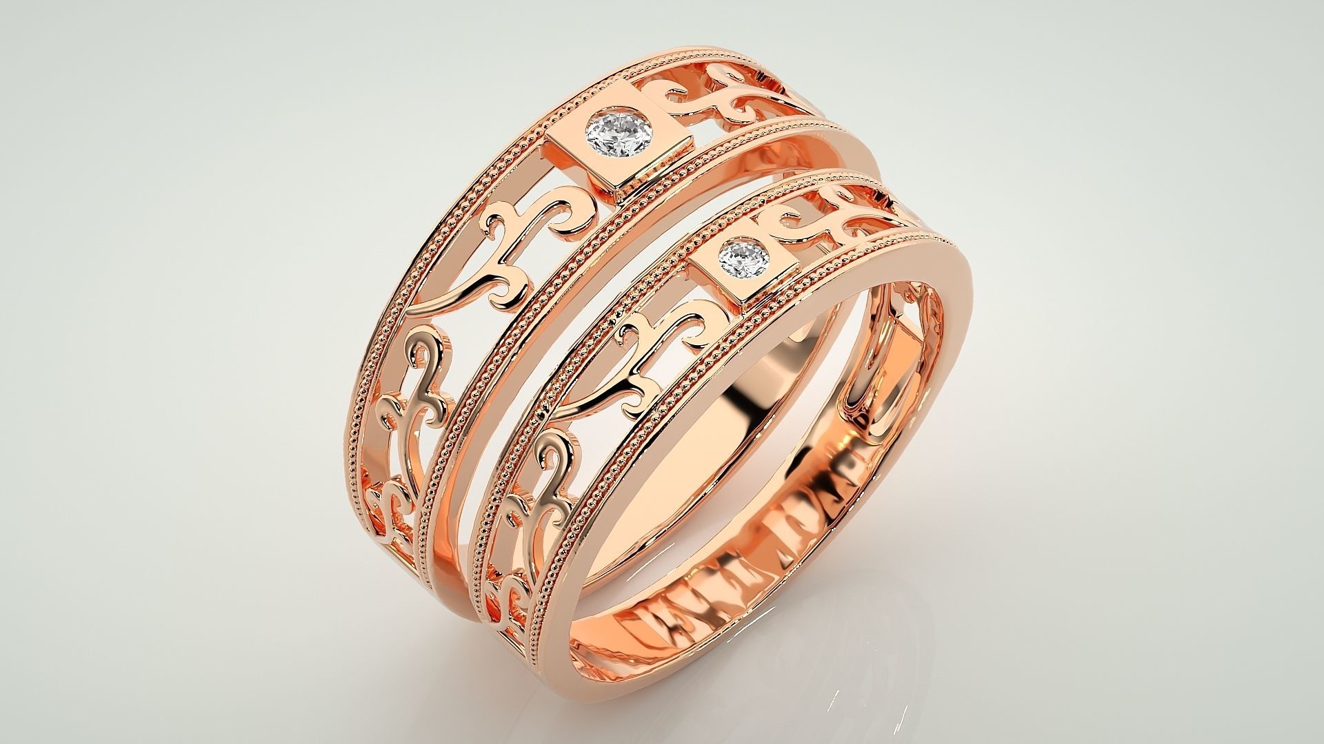 Solitaire wave Couple Band Ring 3dm stl render detail 3D print model_3