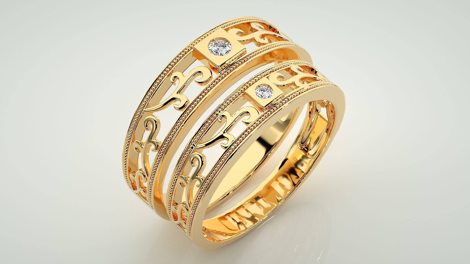 Solitaire wave Couple Band Ring 3dm stl render detail 3D print model_12