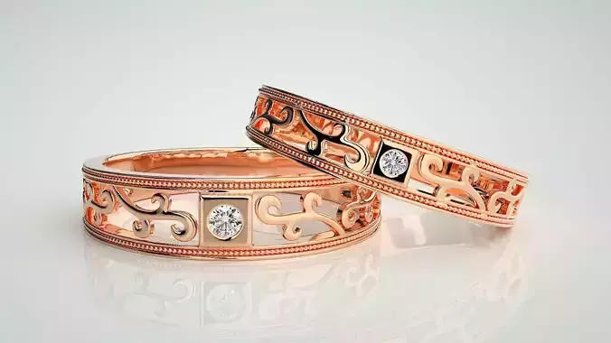 Solitaire wave Couple Band Ring 3dm stl render detail