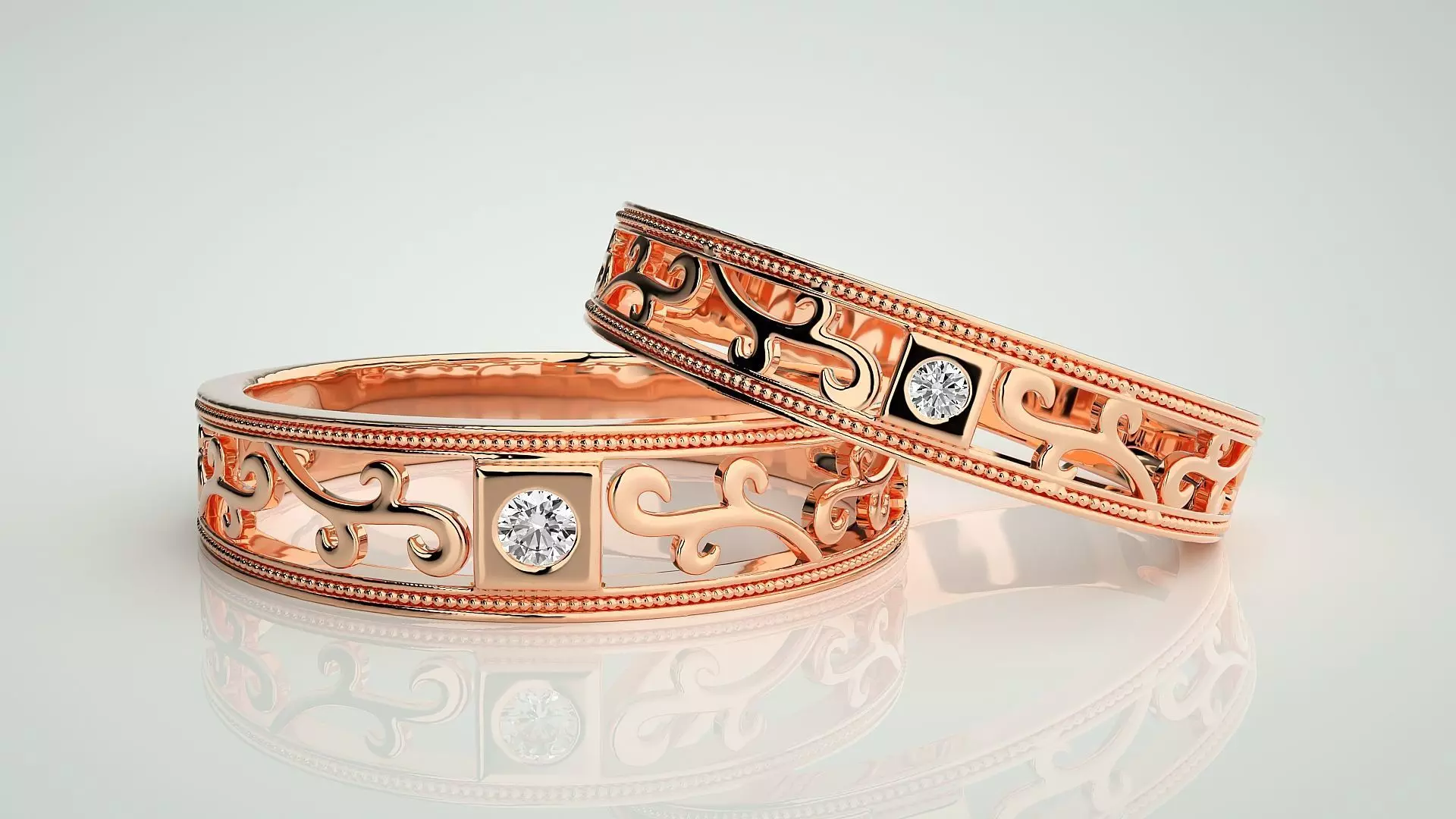 Solitaire wave Couple Band Ring 3dm stl render detail 3D print model_0