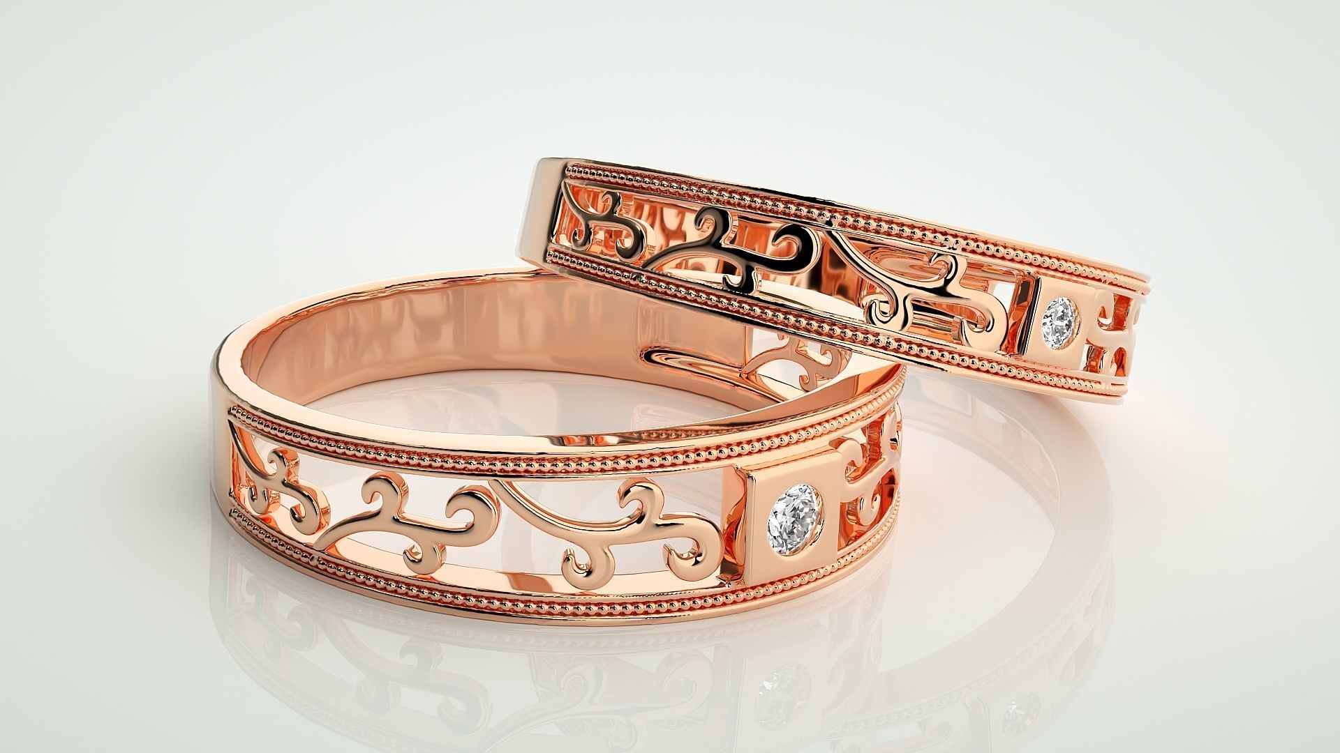 Solitaire wave Couple Band Ring 3dm stl render detail 3D print model_1