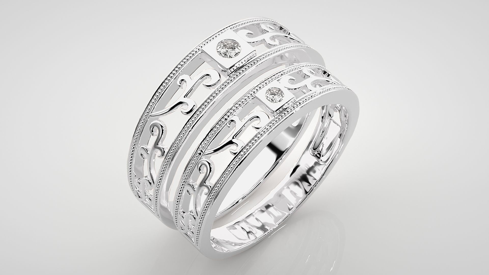 Solitaire wave Couple Band Ring 3dm stl render detail 3D print model_8
