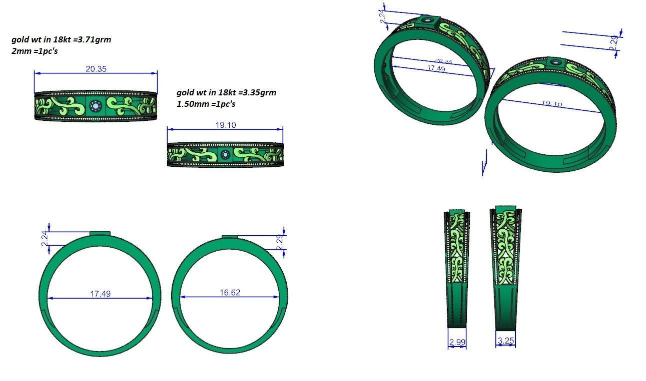 Solitaire wave Couple Band Ring 3dm stl render detail 3D print model_5