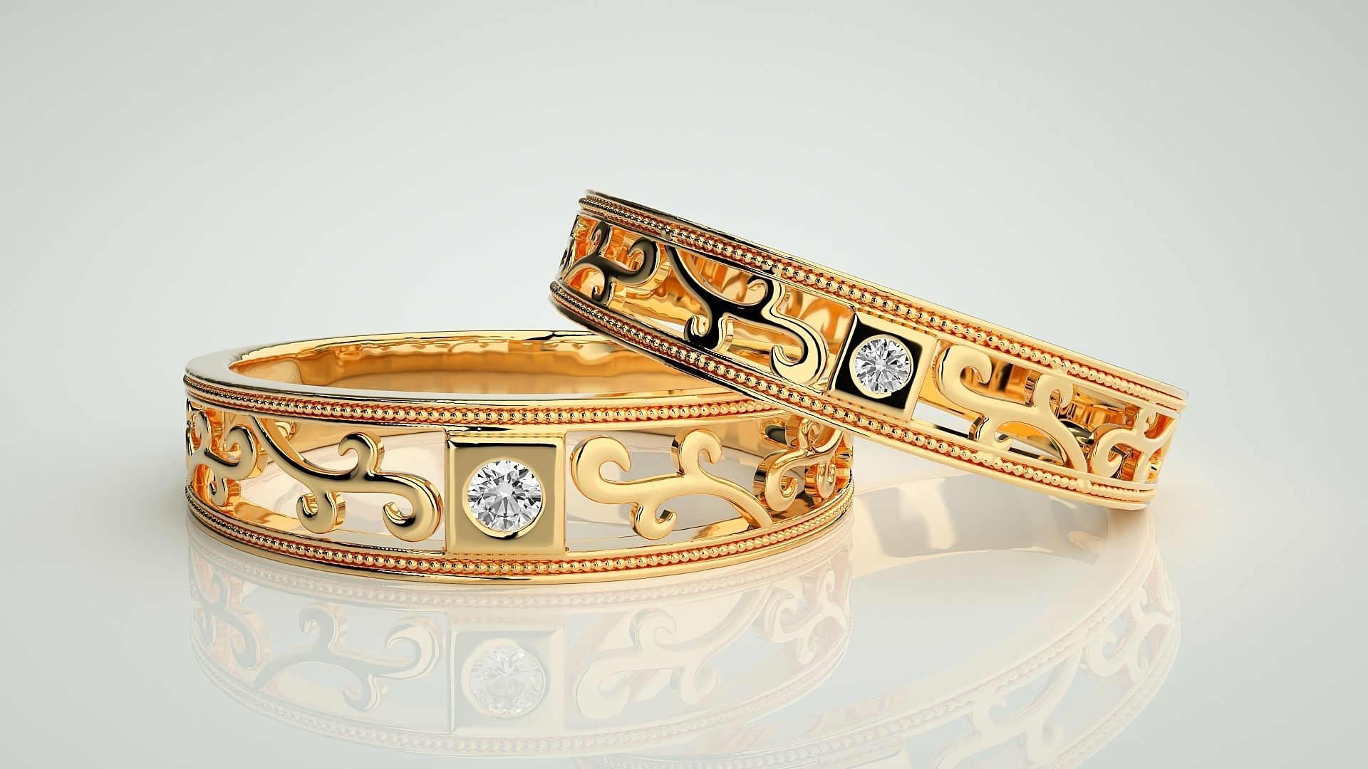 Solitaire wave Couple Band Ring 3dm stl render detail 3D print model_9