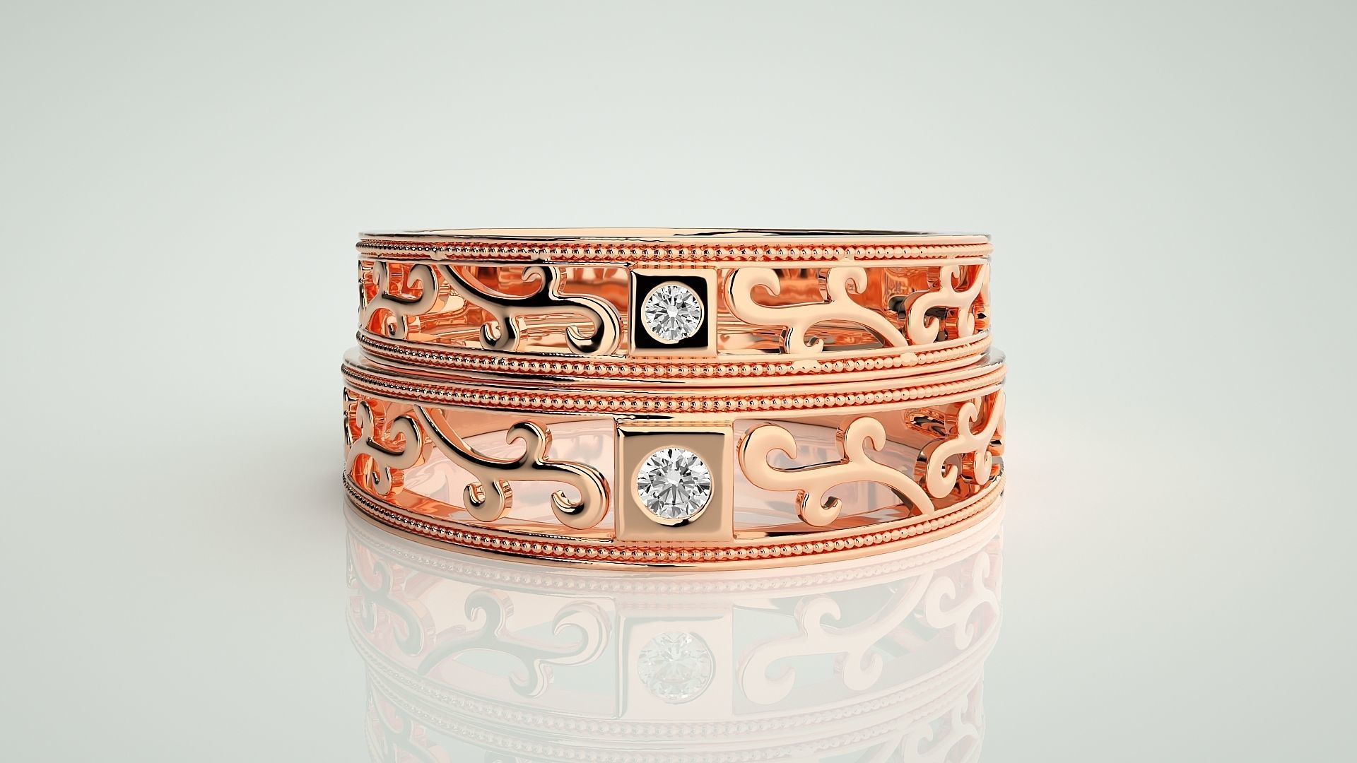 Solitaire wave Couple Band Ring 3dm stl render detail 3D print model_2