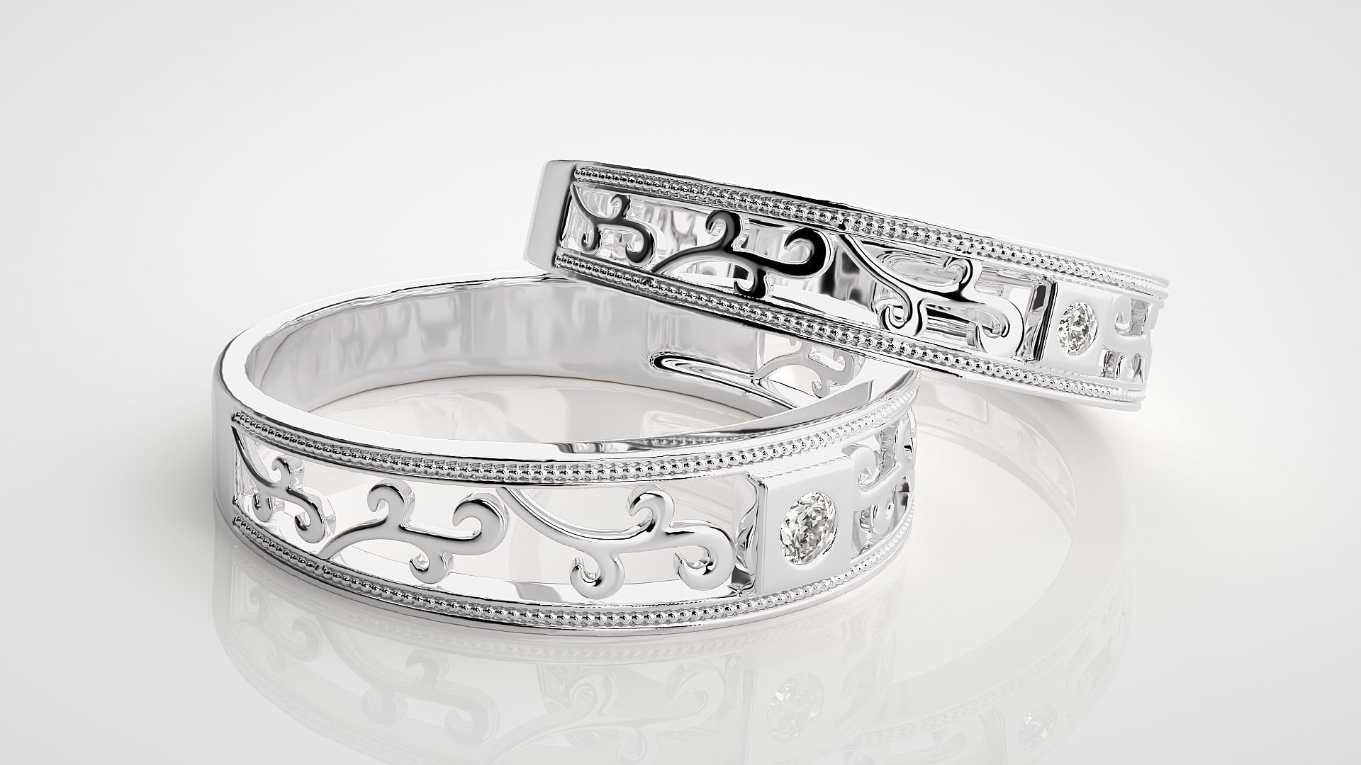 Solitaire wave Couple Band Ring 3dm stl render detail 3D print model_6