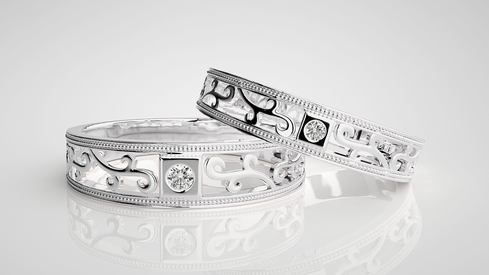 Solitaire wave Couple Band Ring 3dm stl render detail 3D print model_4