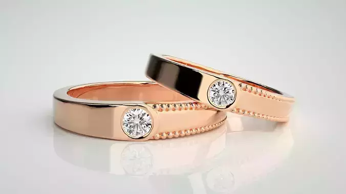 Solitaire Couple Band Ring 3dm stl render detail