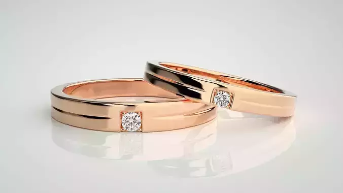 Solitaire Couple Band Ring 3dm stl render detail