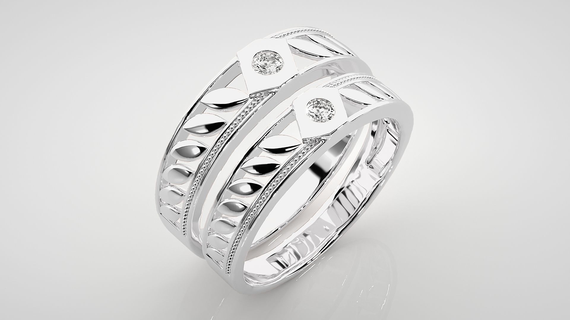 Leaf Solitaire Couple Band Ring 3dm stl render detail 3D print model_7