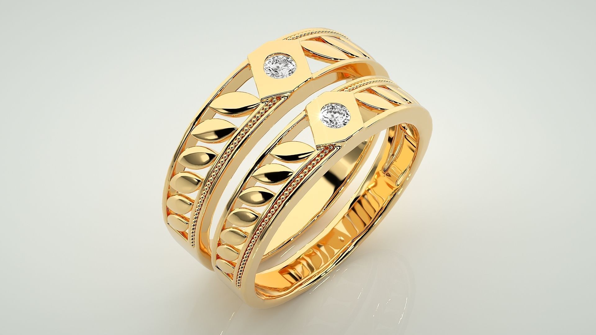 Leaf Solitaire Couple Band Ring 3dm stl render detail 3D print model_11