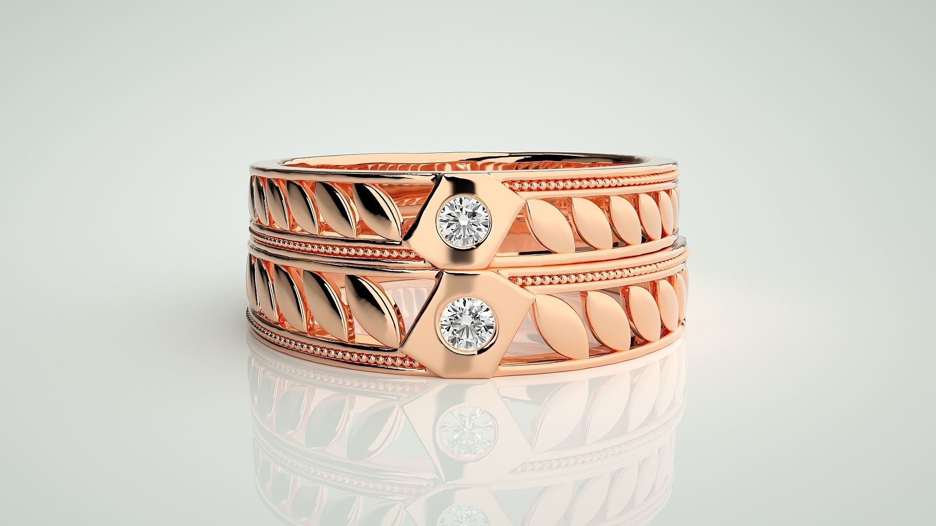 Leaf Solitaire Couple Band Ring 3dm stl render detail 3D print model_2