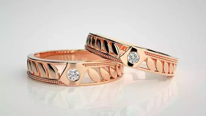 Leaf Solitaire Couple Band Ring 3dm stl render detail 3D print model