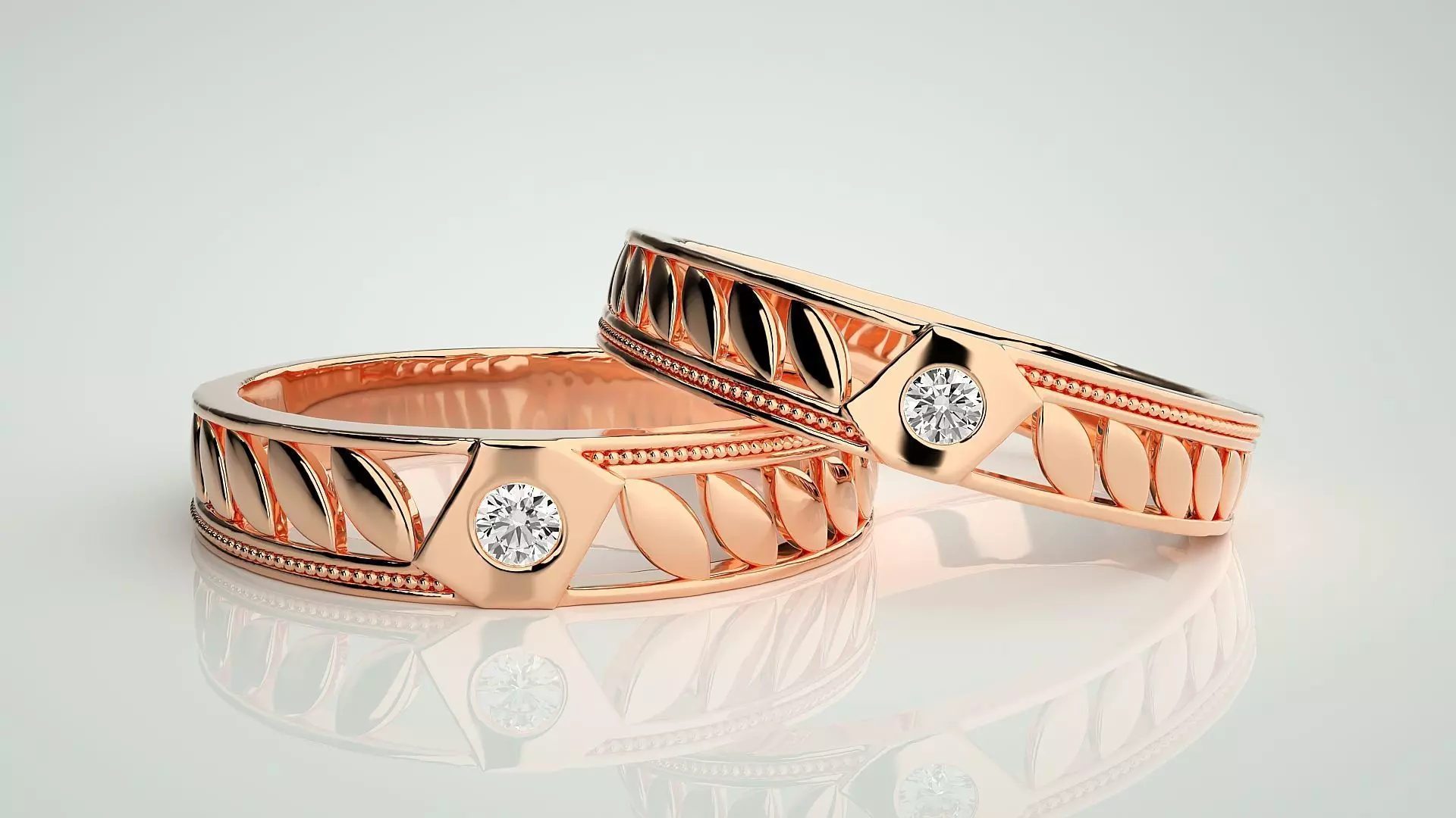 Leaf Solitaire Couple Band Ring 3dm stl render detail 3D print model_0