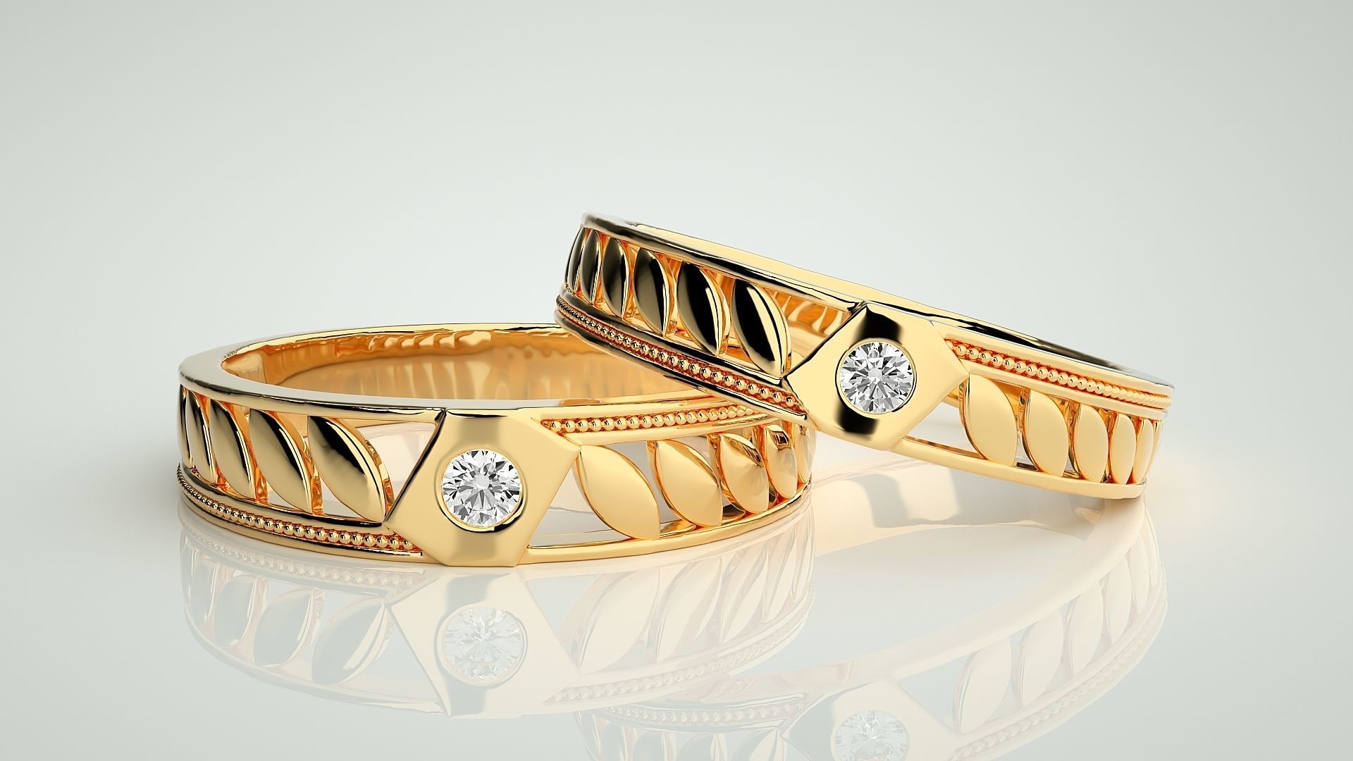 Leaf Solitaire Couple Band Ring 3dm stl render detail 3D print model_8
