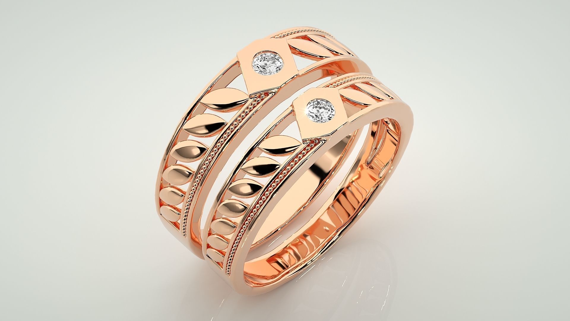 Leaf Solitaire Couple Band Ring 3dm stl render detail 3D print model_3