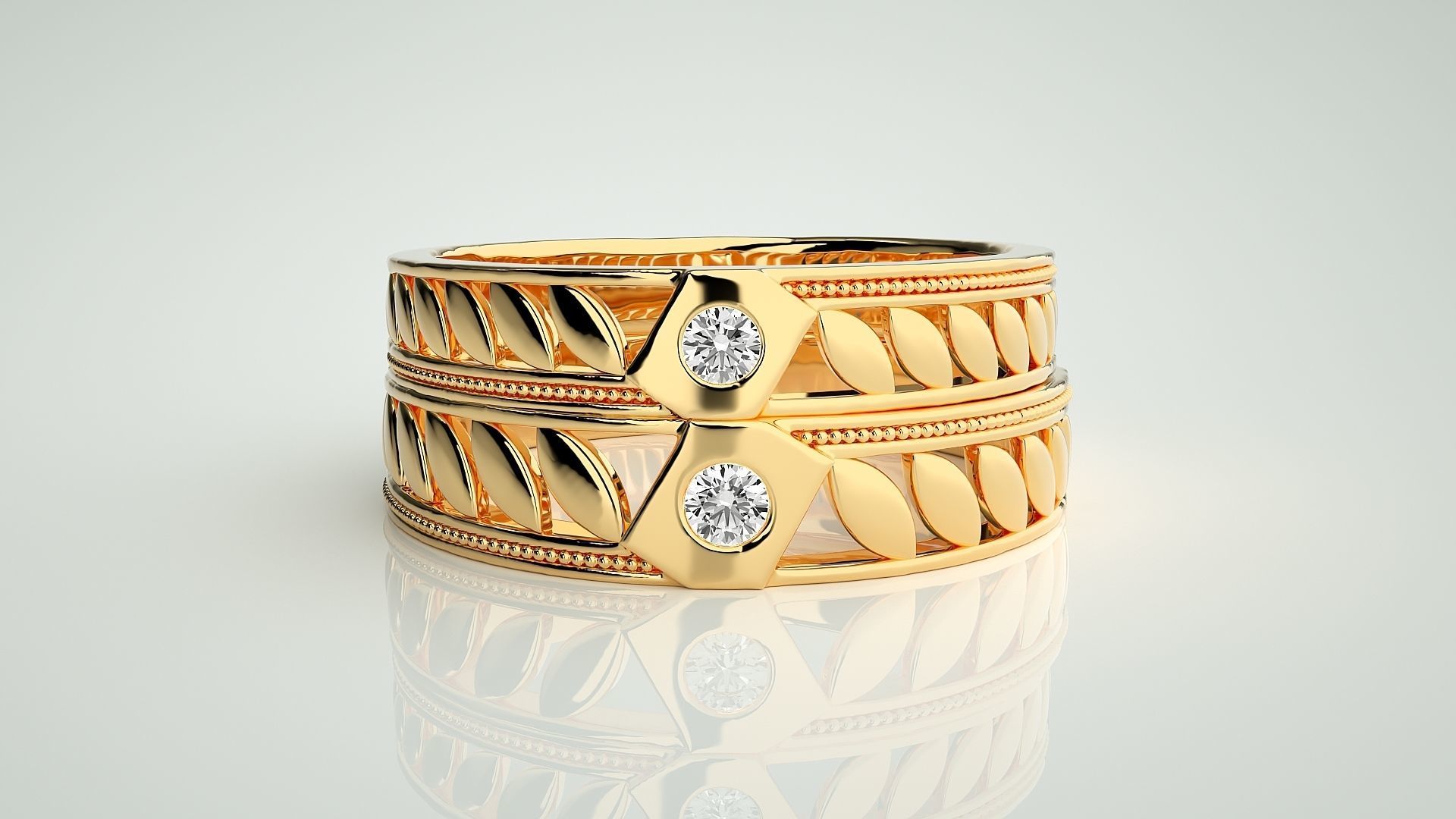 Leaf Solitaire Couple Band Ring 3dm stl render detail 3D print model_10