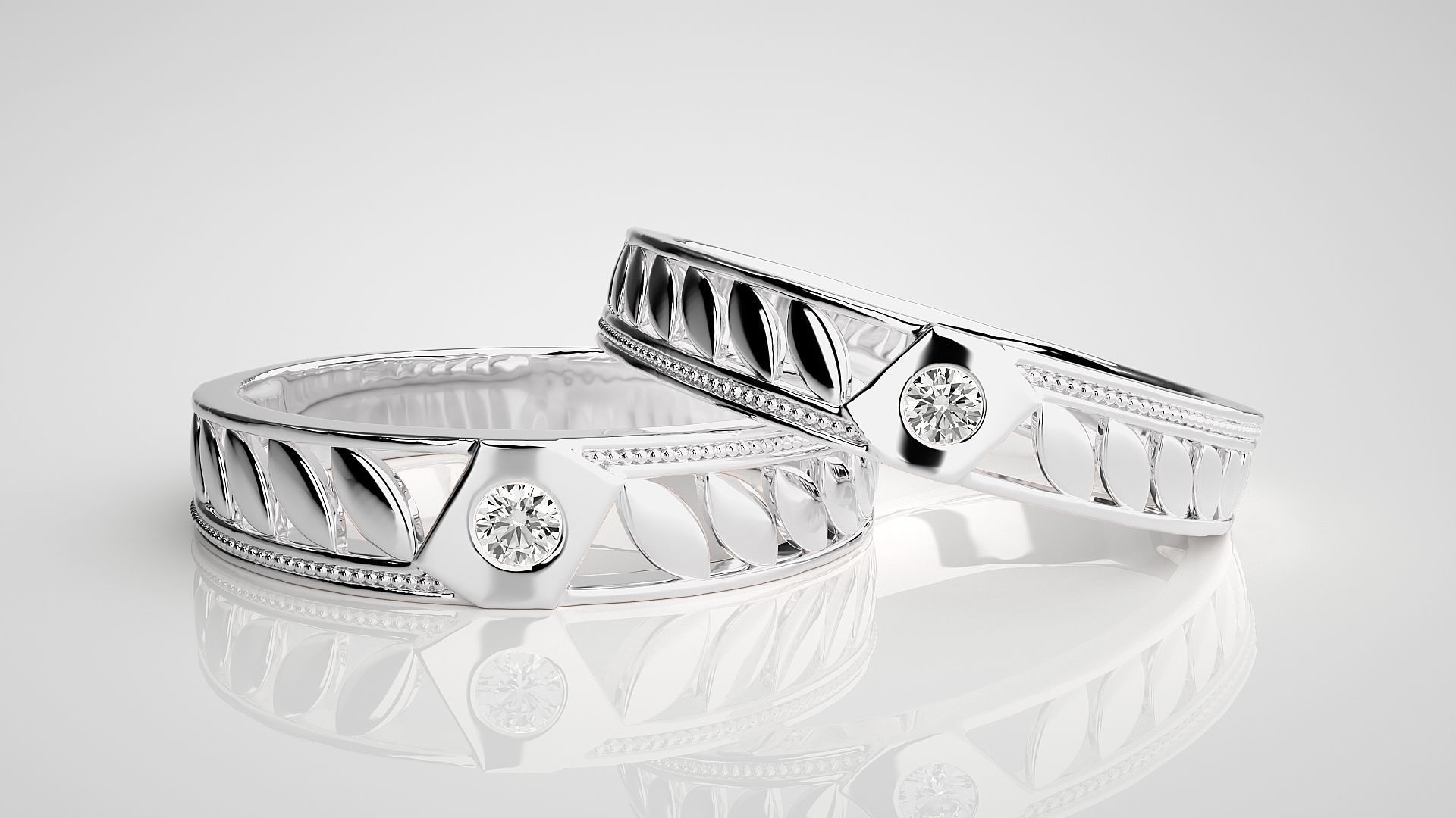 Leaf Solitaire Couple Band Ring 3dm stl render detail 3D print model_4