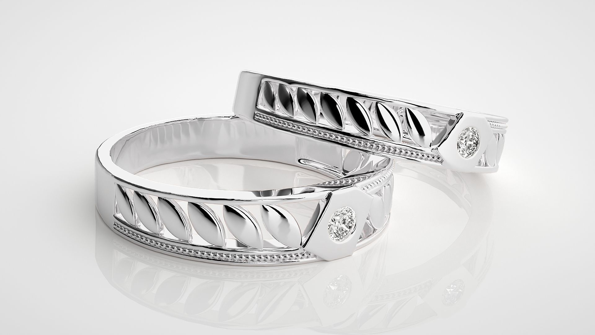 Leaf Solitaire Couple Band Ring 3dm stl render detail 3D print model_5