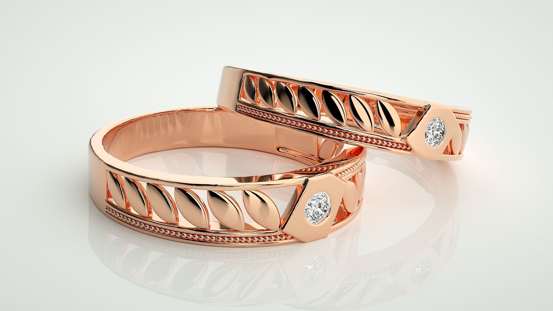 Leaf Solitaire Couple Band Ring 3dm stl render detail 3D print model_1