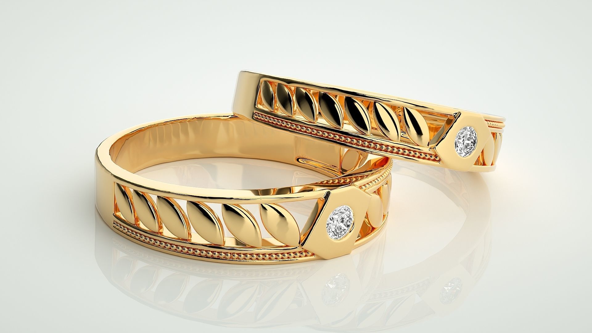 Leaf Solitaire Couple Band Ring 3dm stl render detail 3D print model_9