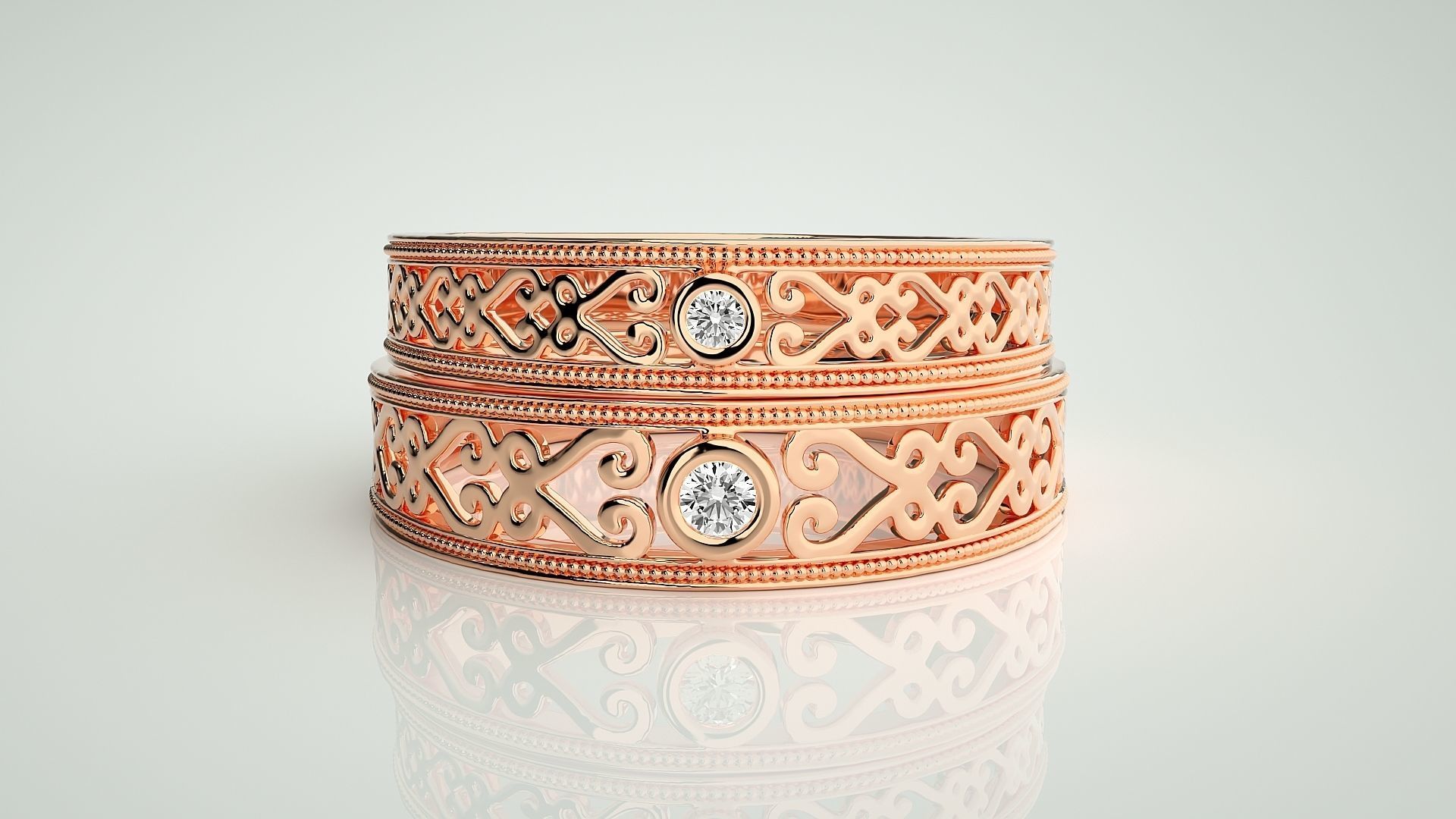 Solitaire Mesh Couple Band Ring 3dm stl render detail 3D print model_2