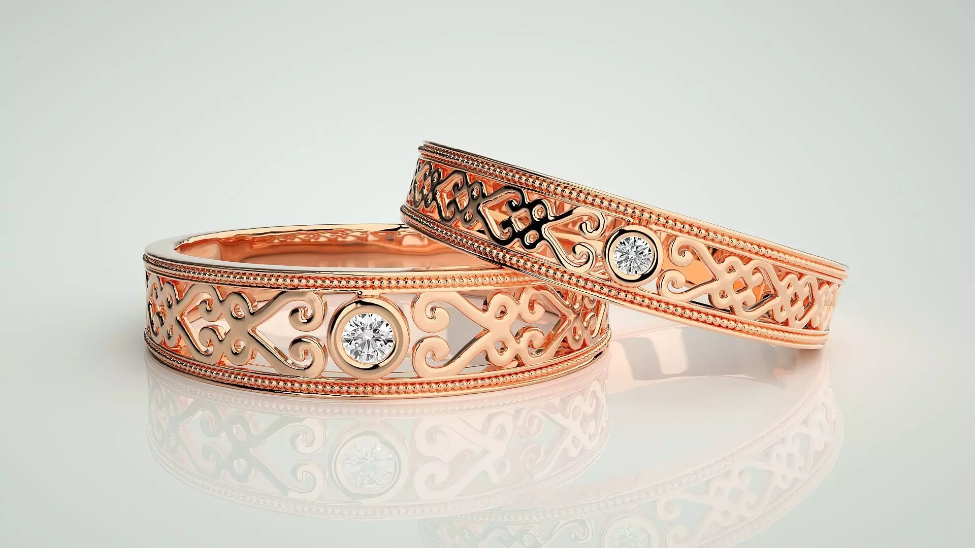 Solitaire Mesh Couple Band Ring 3dm stl render detail 3D print model_0