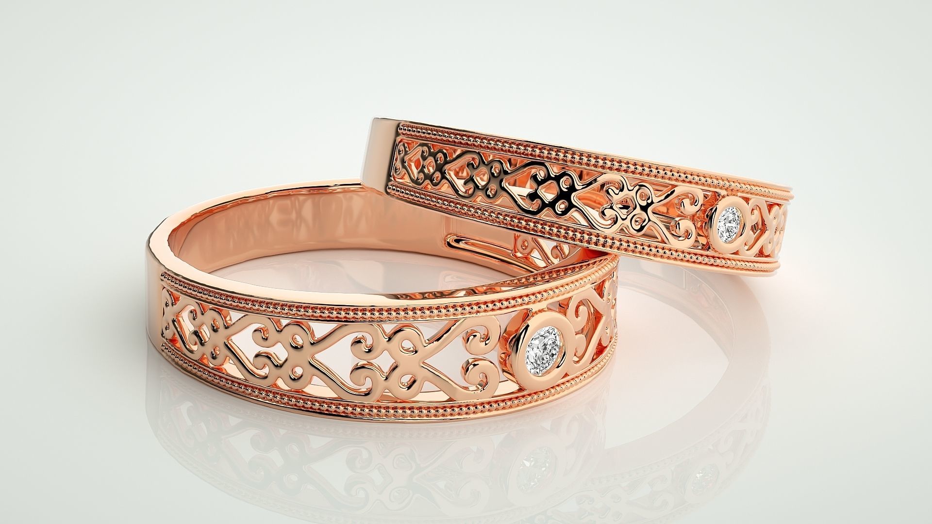 Solitaire Mesh Couple Band Ring 3dm stl render detail 3D print model_1