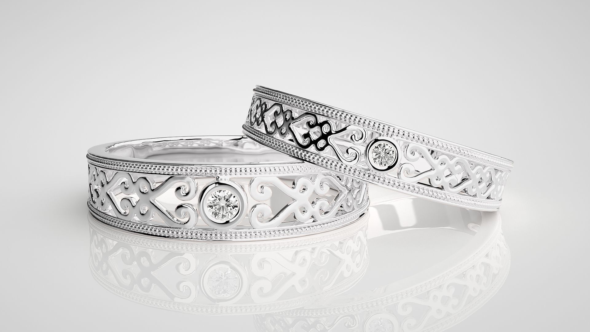 Solitaire Mesh Couple Band Ring 3dm stl render detail 3D print model_4