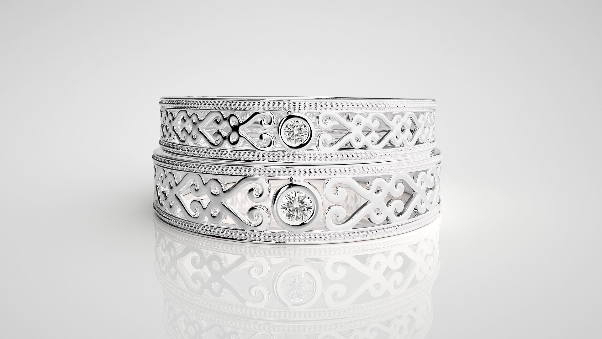 Solitaire Mesh Couple Band Ring 3dm stl render detail 3D print model_7