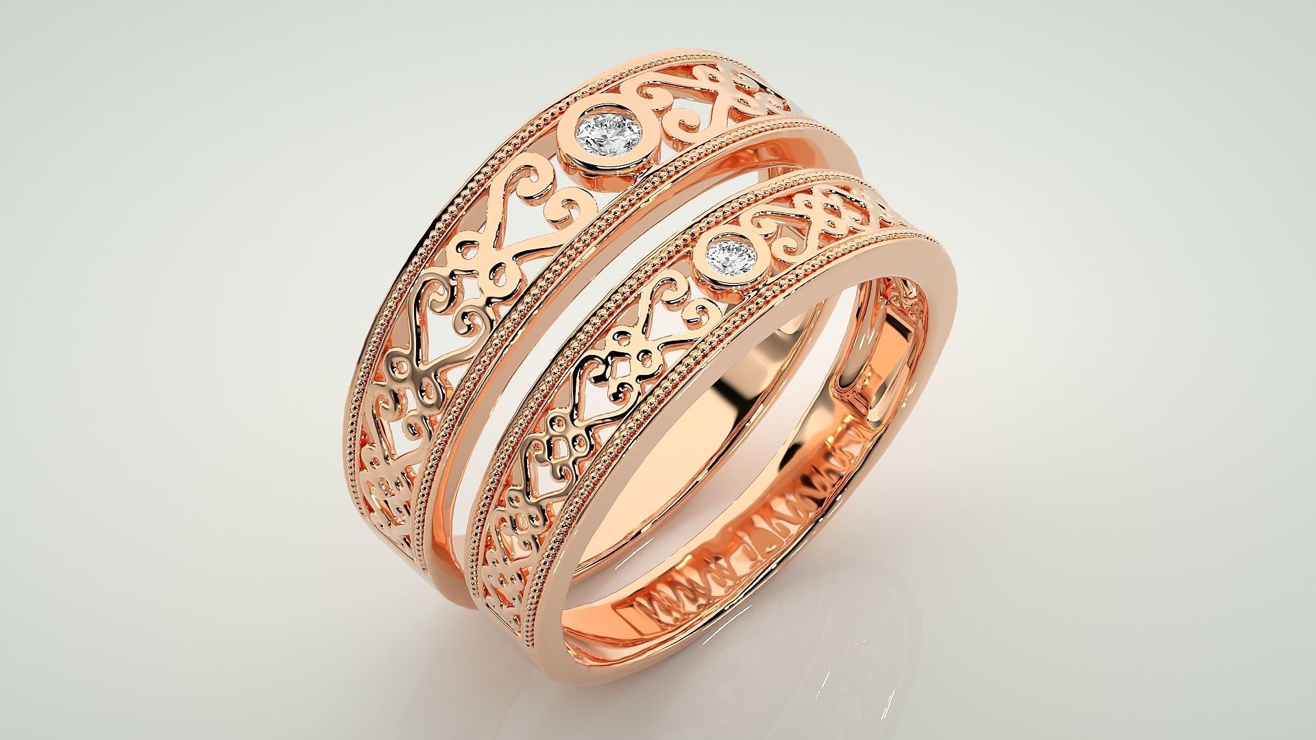 Solitaire Mesh Couple Band Ring 3dm stl render detail 3D print model_3