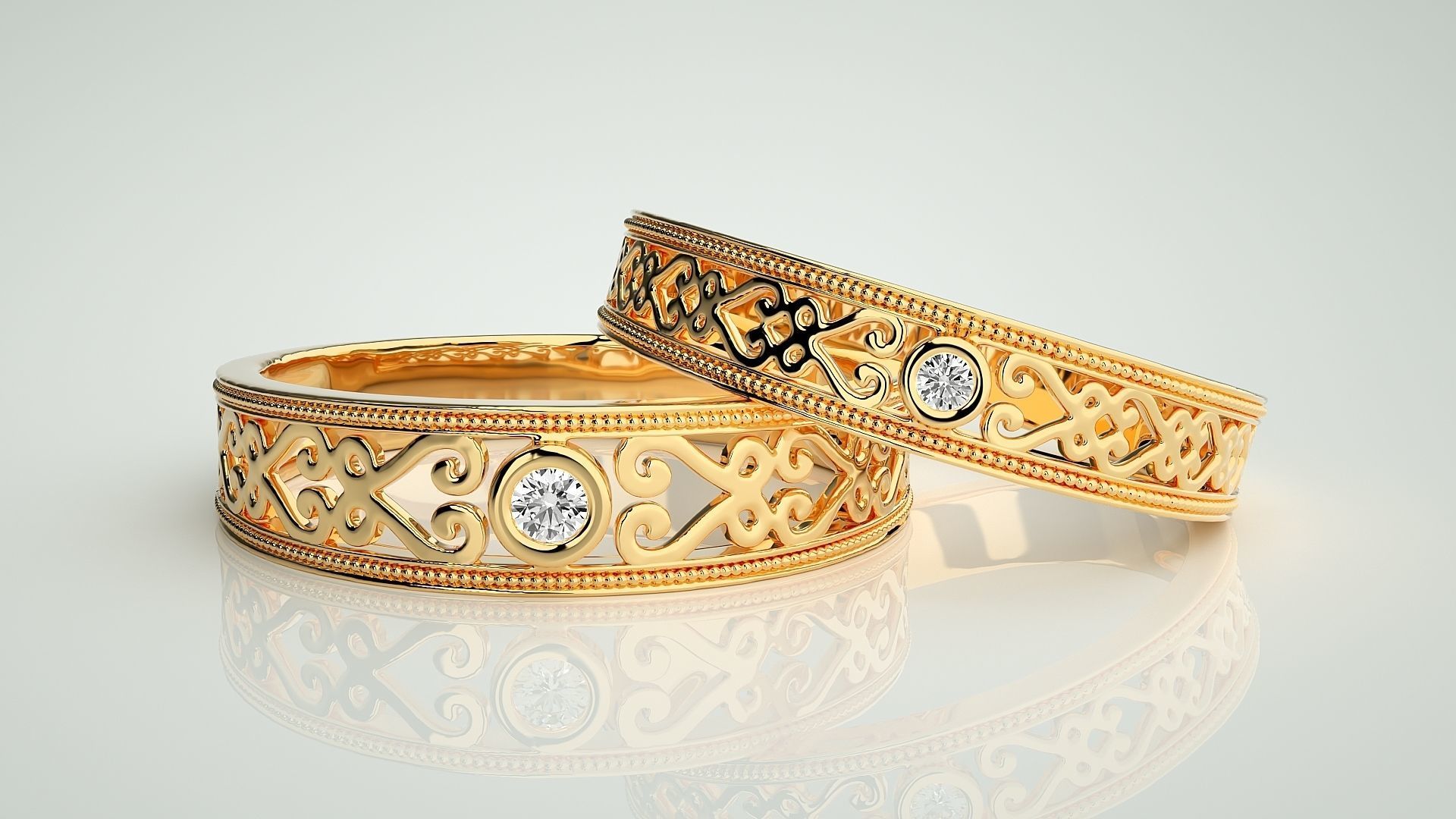 Solitaire Mesh Couple Band Ring 3dm stl render detail 3D print model_9