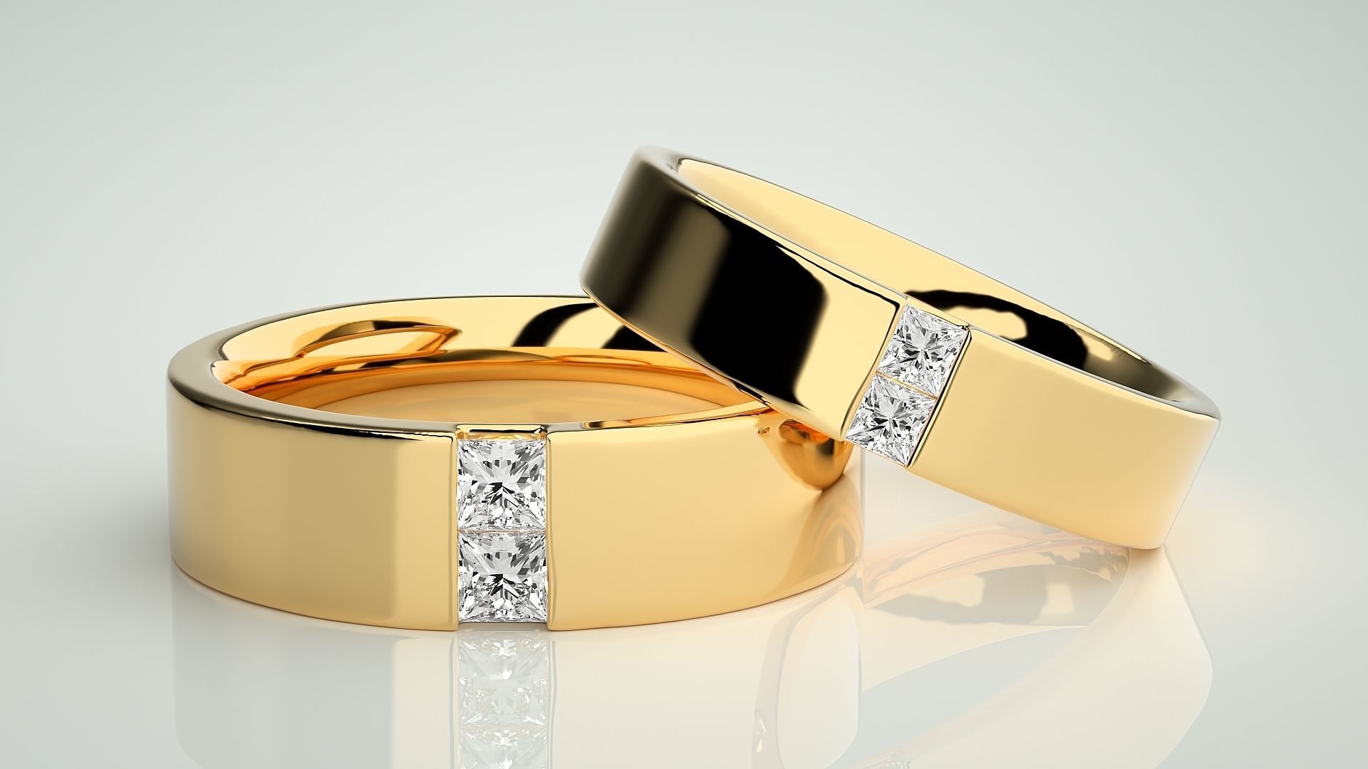 Solitaire Princess Couple Band Ring 3dm stl render detail 3D print model_9