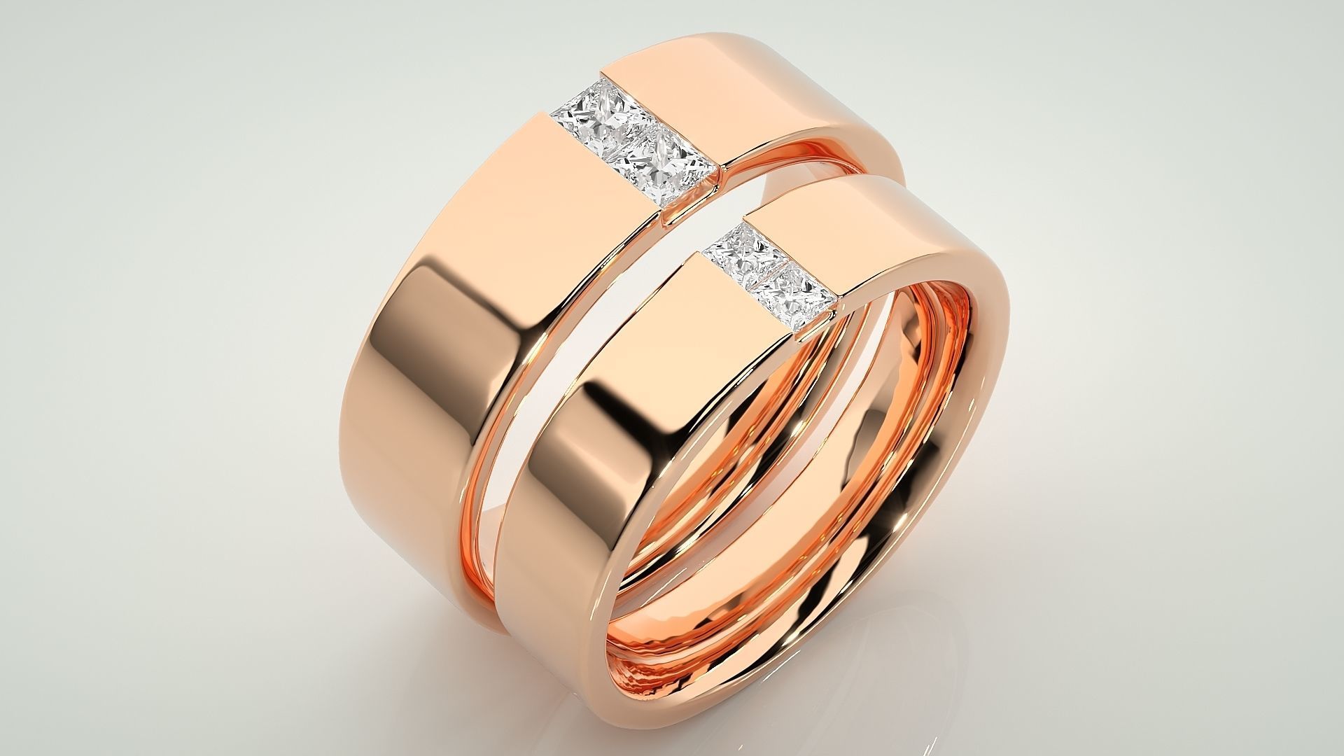 Solitaire Princess Couple Band Ring 3dm stl render detail 3D print model_3