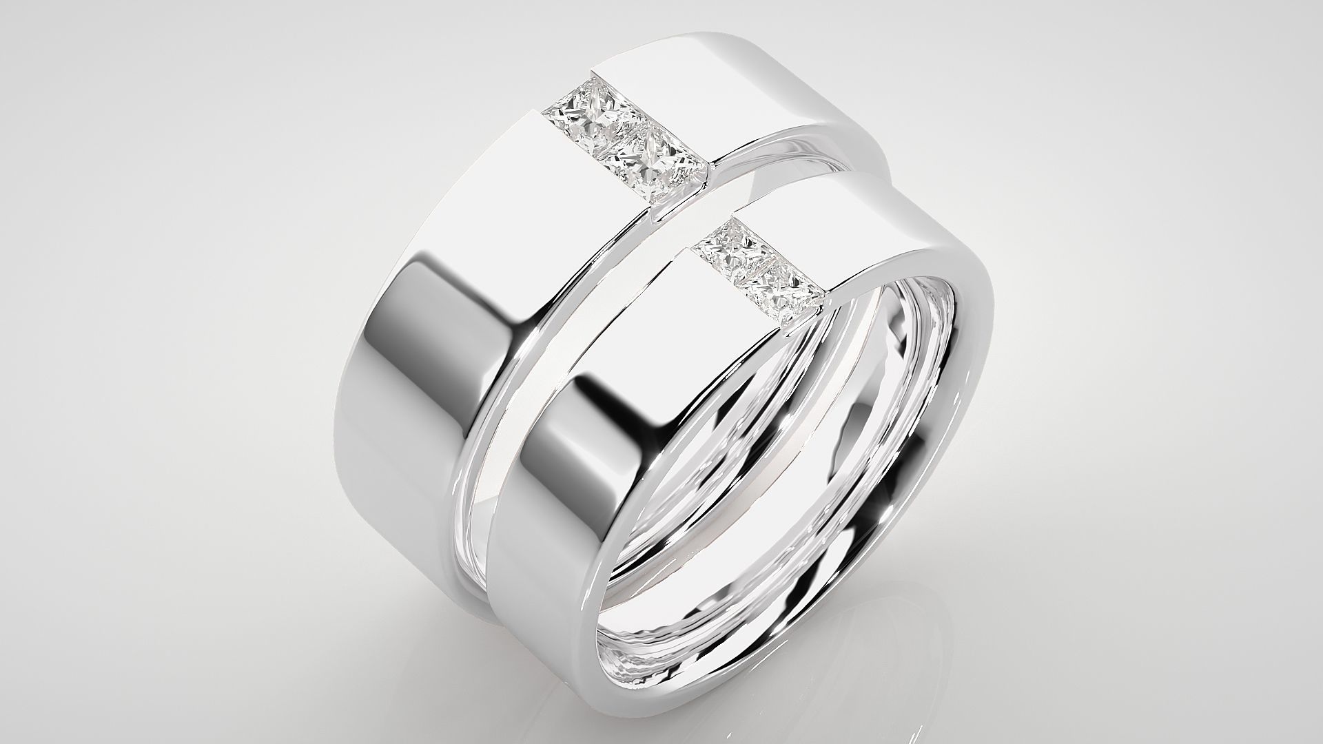 Solitaire Princess Couple Band Ring 3dm stl render detail 3D print model_8