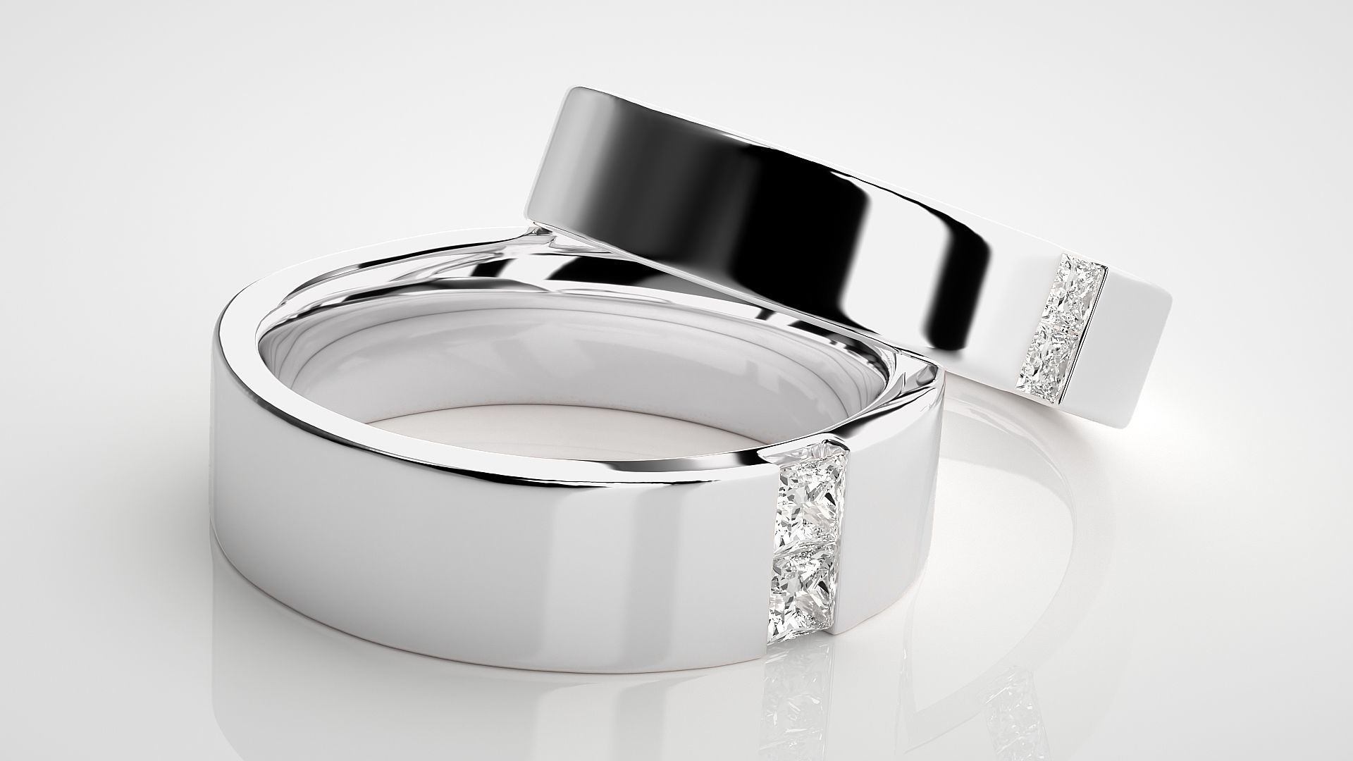 Solitaire Princess Couple Band Ring 3dm stl render detail 3D print model_6