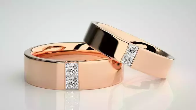 Solitaire Princess Couple Band Ring 3dm stl render detail