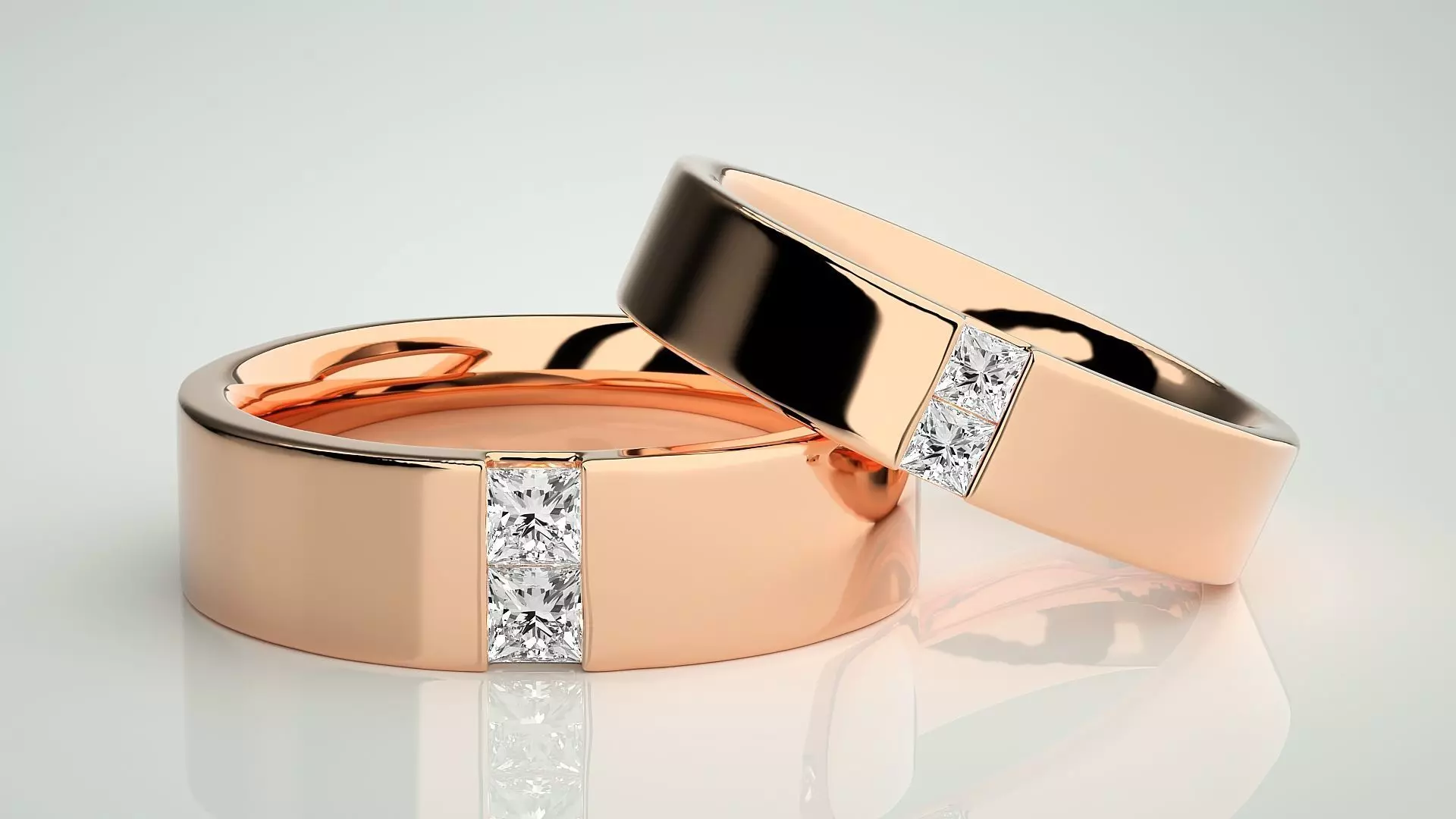 Solitaire Princess Couple Band Ring 3dm stl render detail 3D print model_0