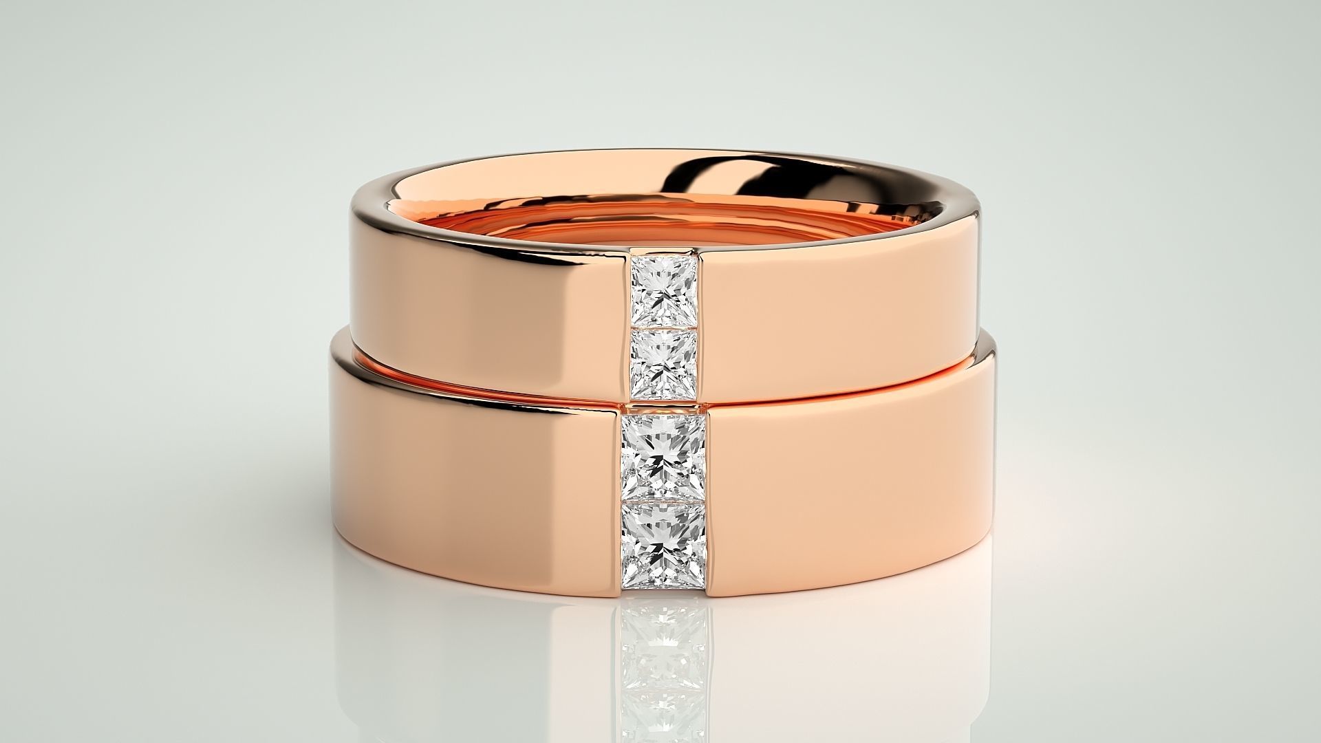 Solitaire Princess Couple Band Ring 3dm stl render detail 3D print model_2