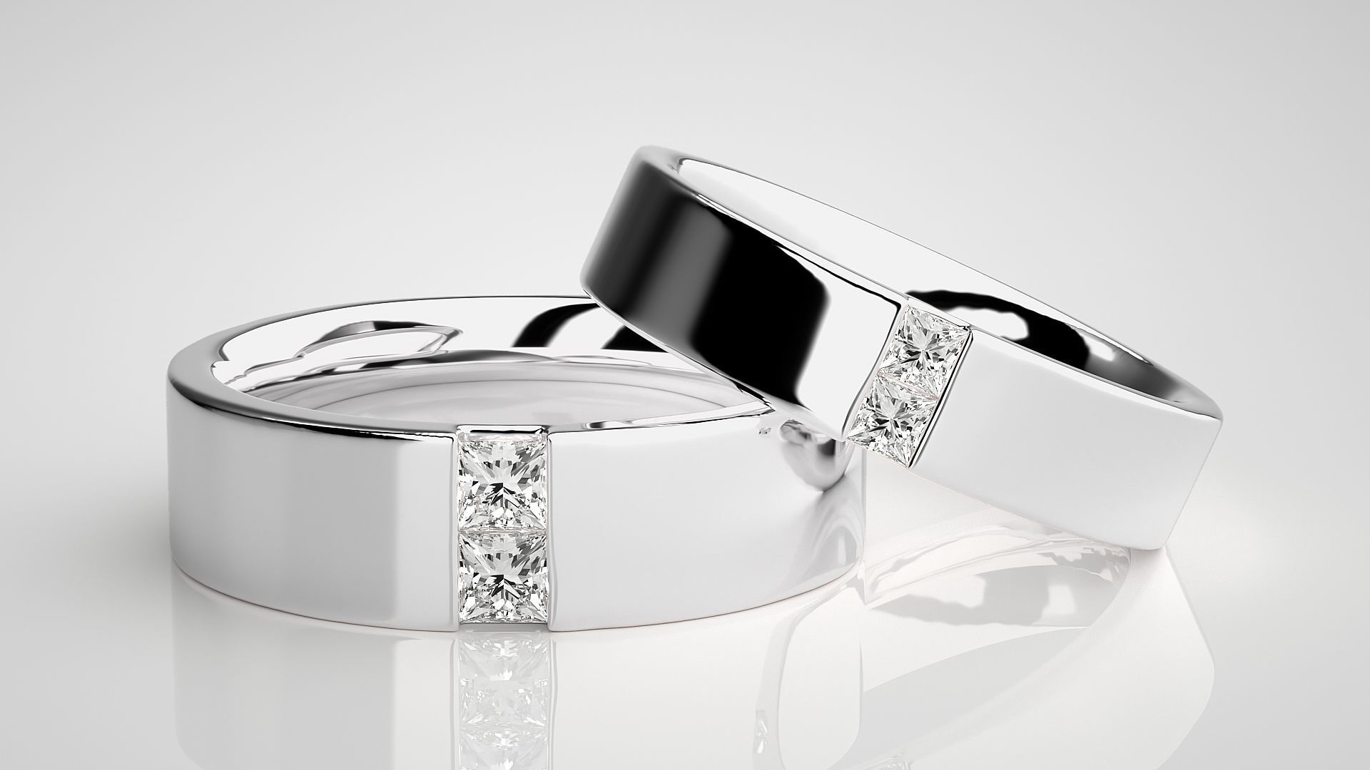 Solitaire Princess Couple Band Ring 3dm stl render detail 3D print model_4