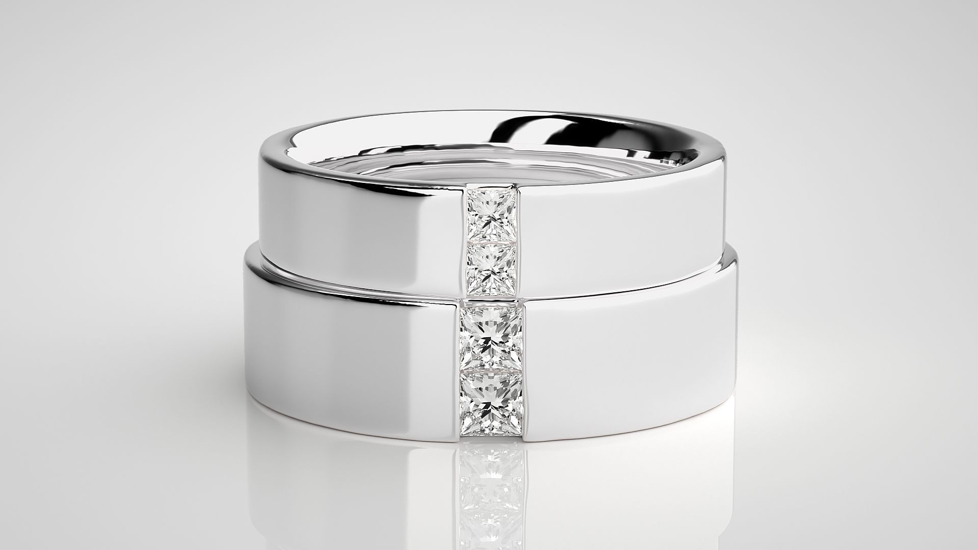 Solitaire Princess Couple Band Ring 3dm stl render detail 3D print model_7