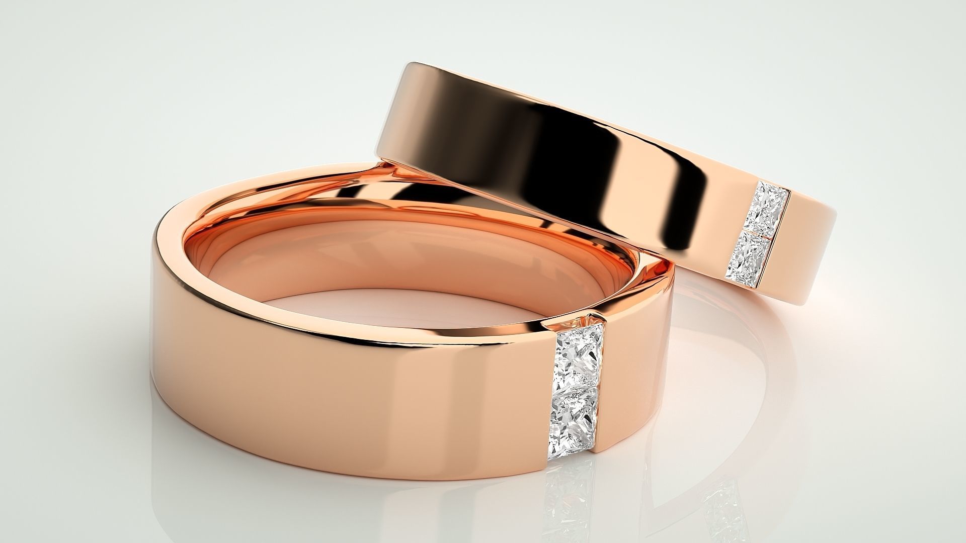 Solitaire Princess Couple Band Ring 3dm stl render detail 3D print model_1
