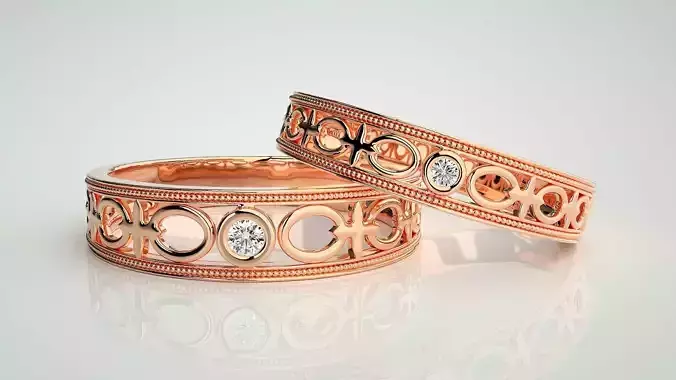 Solitaire Mesh Couple Band Ring 3dm stl render detail