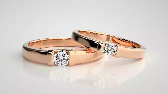 Solitaire Couple Band Ring 3dm stl render detail